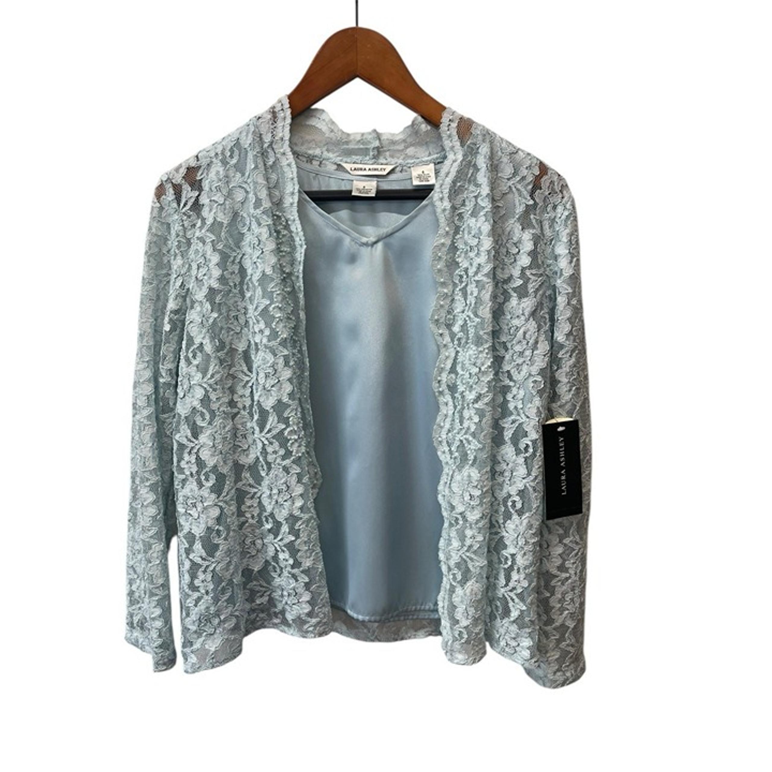 LAURA ASHLEY Women's Cover Cardigan Blue Sheer Lace Pearls NWT W/camisole Sz 6