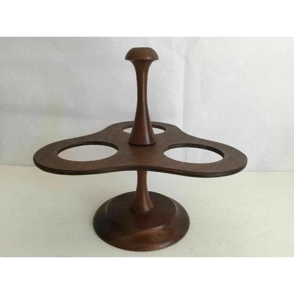 Vtg 3 Round Hole Wood Cone Holder Pedestal Stand Centerpiece Adjustable Tabletop