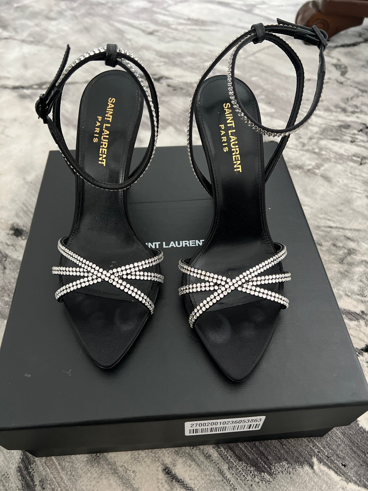 Saint Laurent Ava Sandals in Crepe Satin with Rhinestones