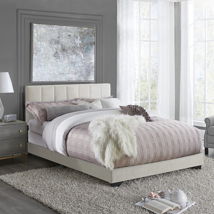Reece Channel Stitched Upholstered Queen Bed, Ivory, by Hillsdale Living Essenti