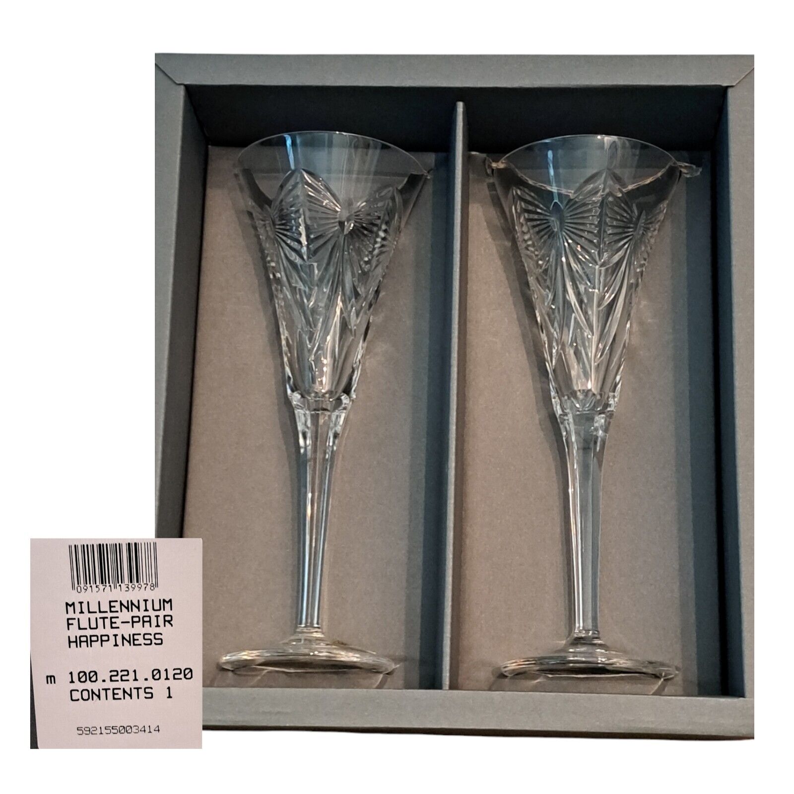 Waterford Millennium HAPPINESS BOW Crystal Toasting Flutes Marked Germany Pair