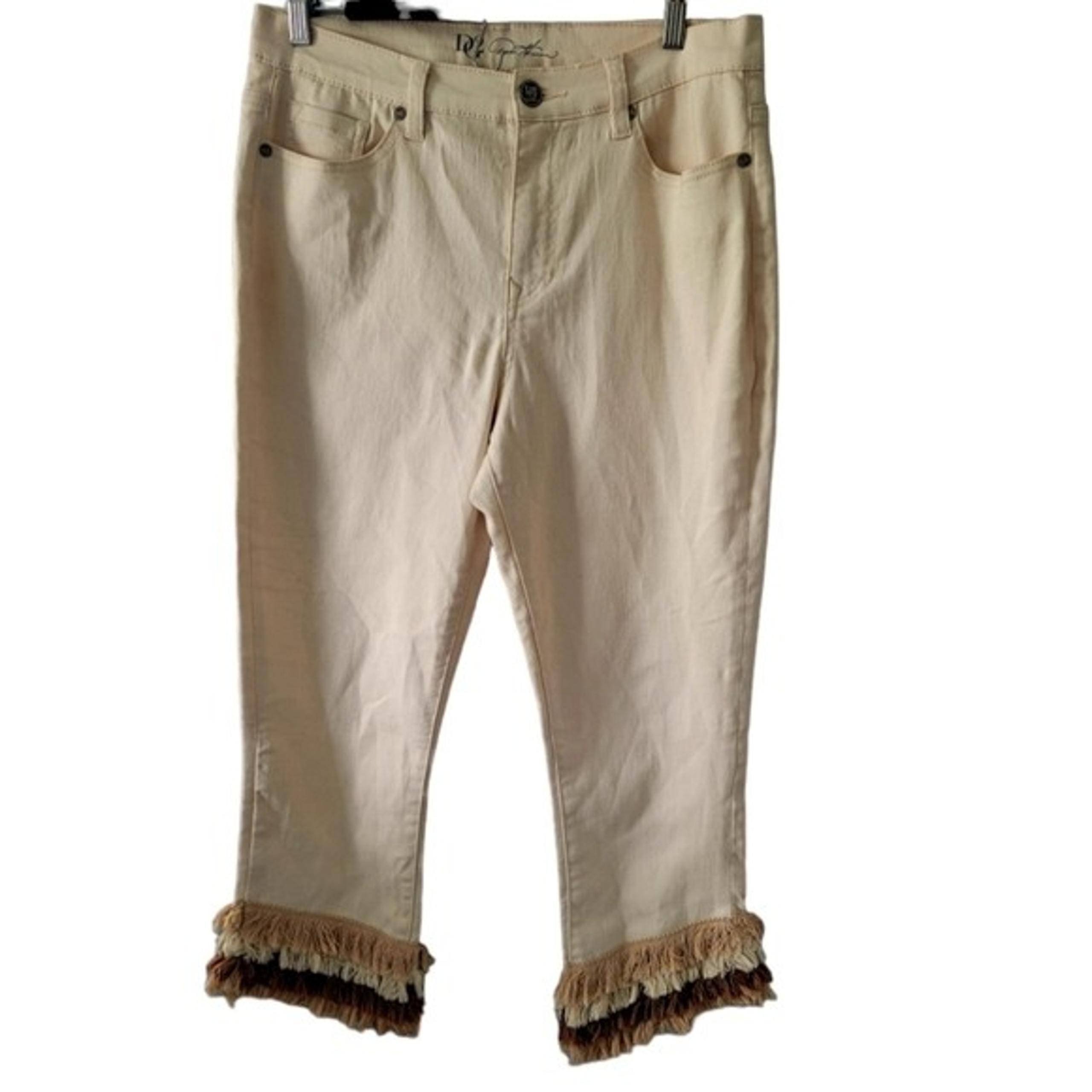 DG2 Dianne Gilman Cotton Blend Ivory Ankle Crop Pants with Fringe Hem Size 12 - Diane Gilman