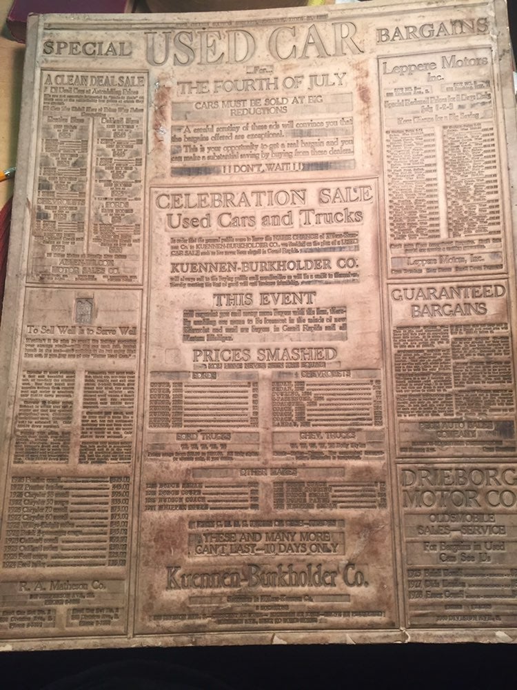 1929 Used Car Section Newspaper Flong