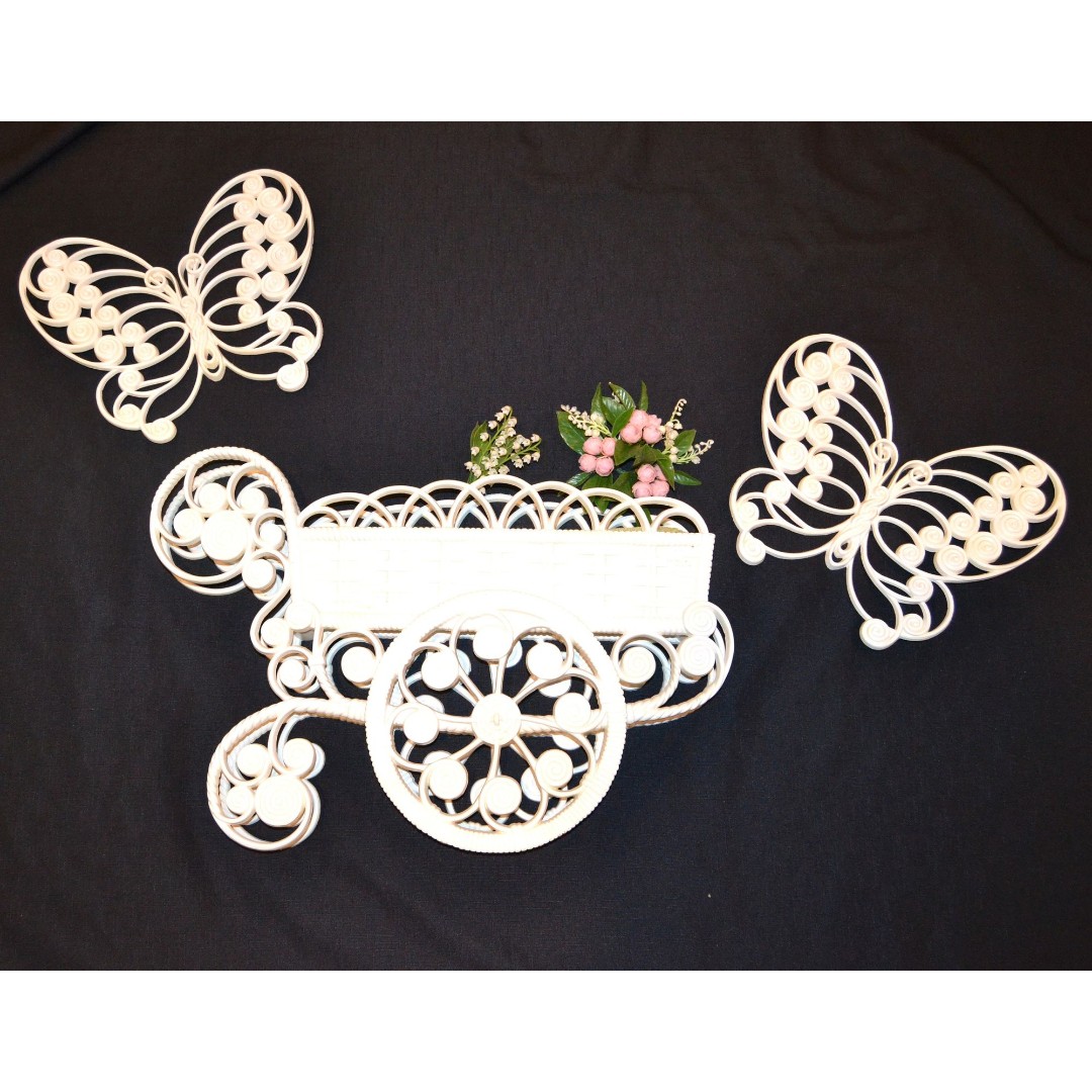 SALE Vintage Flower Cart and Butterflies Wall Decor 1970s