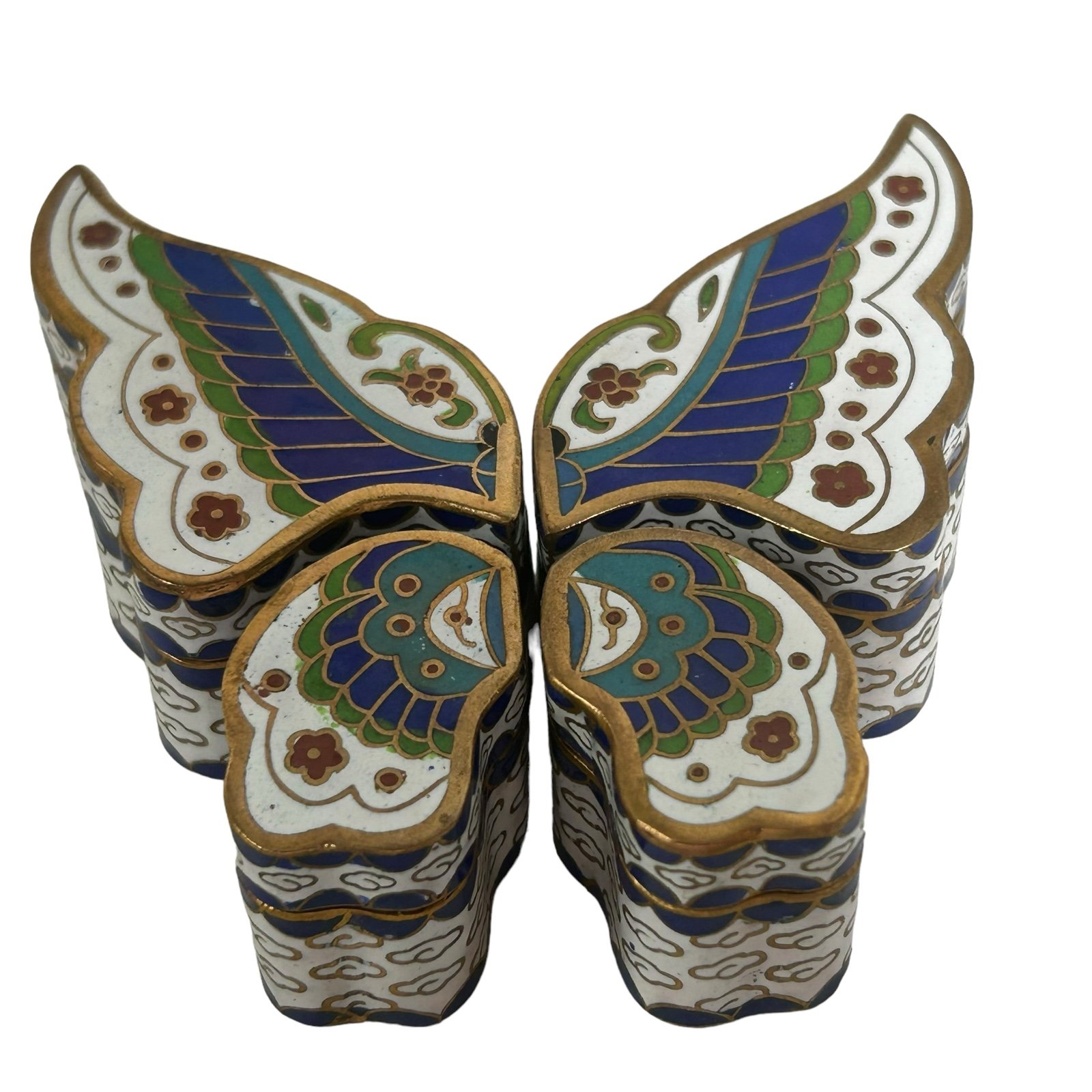 Vintage Chinese Cloisonné 4 Piece Butterfly Puzzle Trinket Boxes