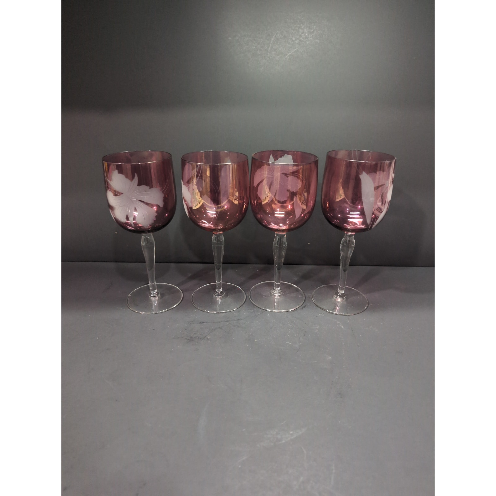 Cranberry Red Wine Glasses, White Etched Flowers, Set Of 4, 7.75 H, Elegant