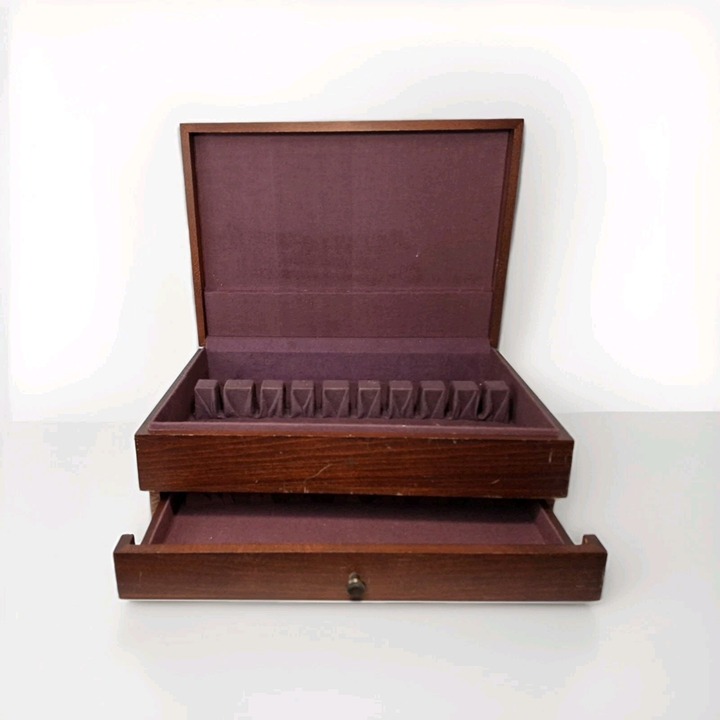 Vintage Silverware Chest with Drawer, lined, Wood Large 15 x 10.5 x 5.5