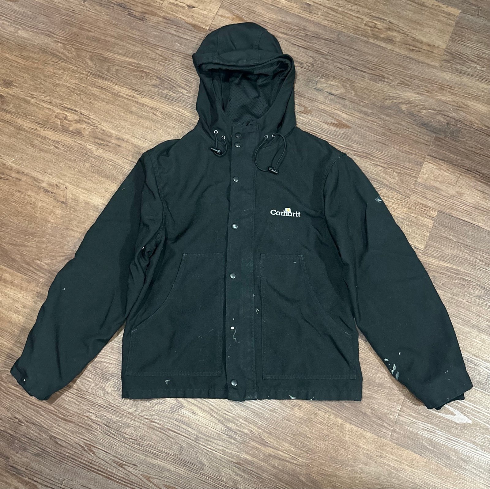 Vtg Mens CARHARTT J107 BLK Black Mesh Lined Size S Cordura Canvas Hooded Jacket