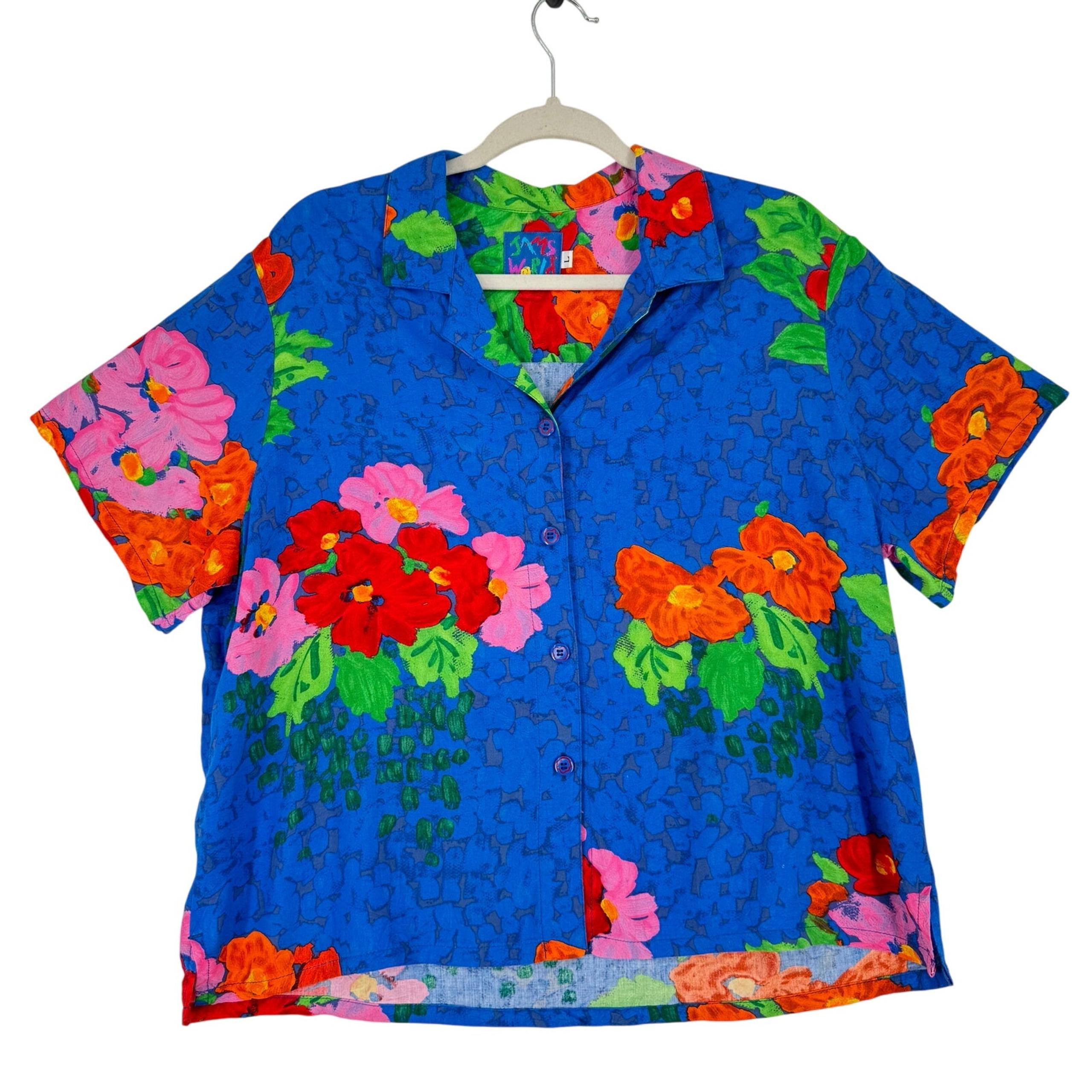 Vintage Jams World Hawiian Button Down Womens L Blue Mens S Yacht Floral 90s