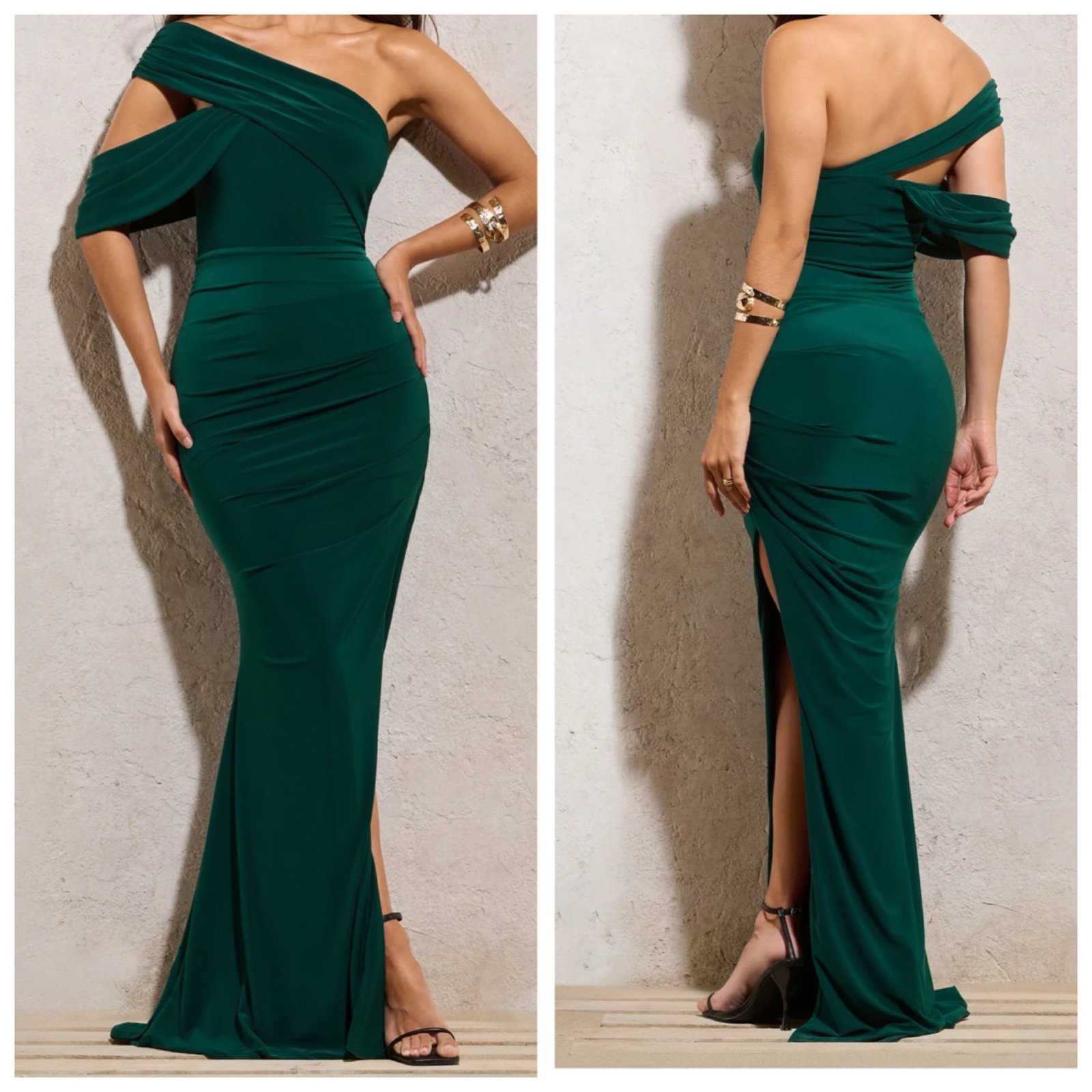 Club L London Lyric Off the Shoulders Maxi Dress In Bottle Green Size 8