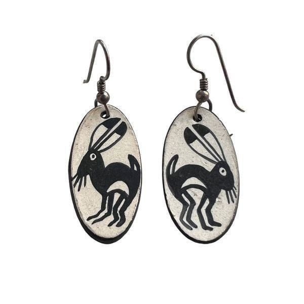 Vintage Southwestern Hook Earrings Bunny Oval Dangling Jewelry Silver
