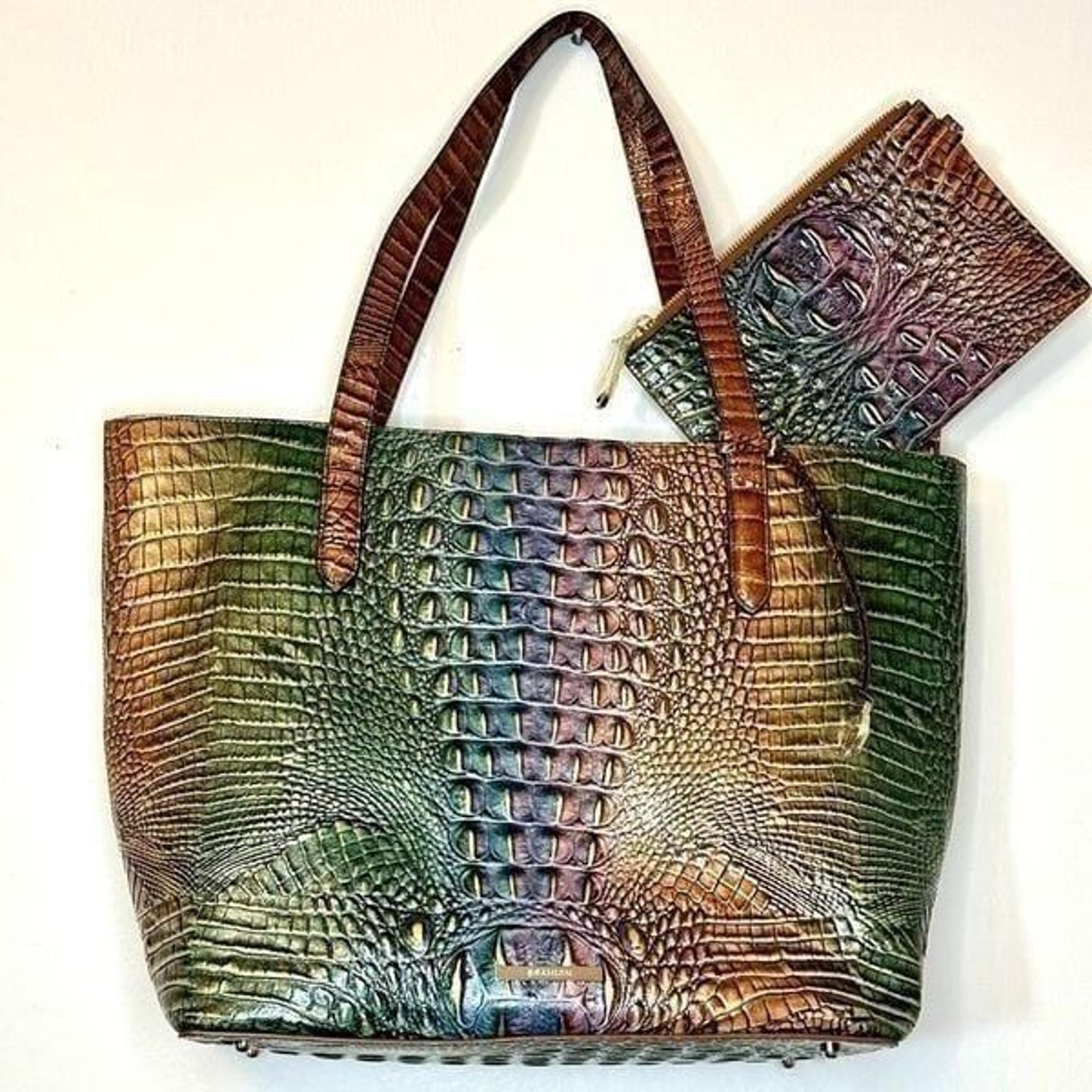 NWT Croc Embossed Leather Brown Green Pouch And Tote Bag - Brahmin