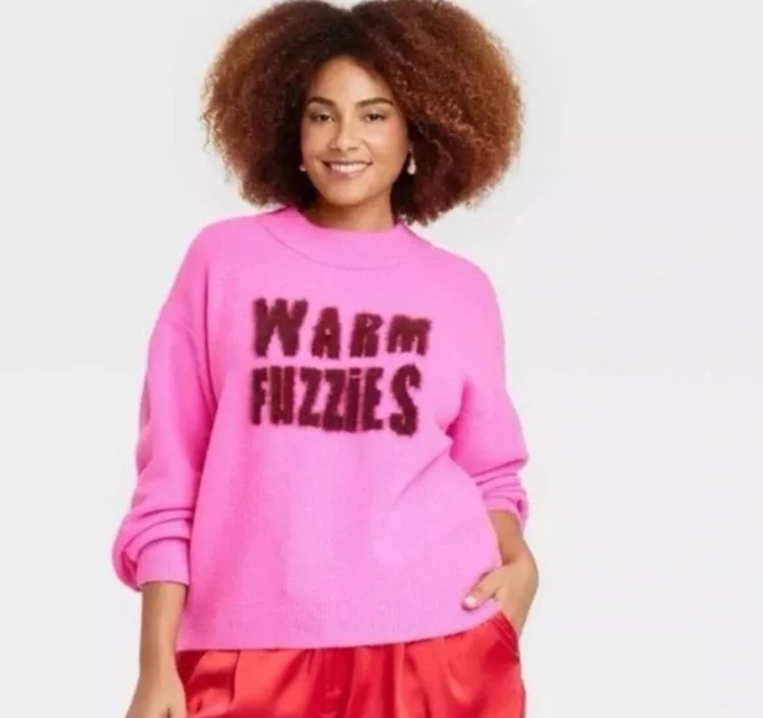 NWT A New Day Women's Crewneck Graphic Pullover Sweater Warm Fuzzies Pink XXL