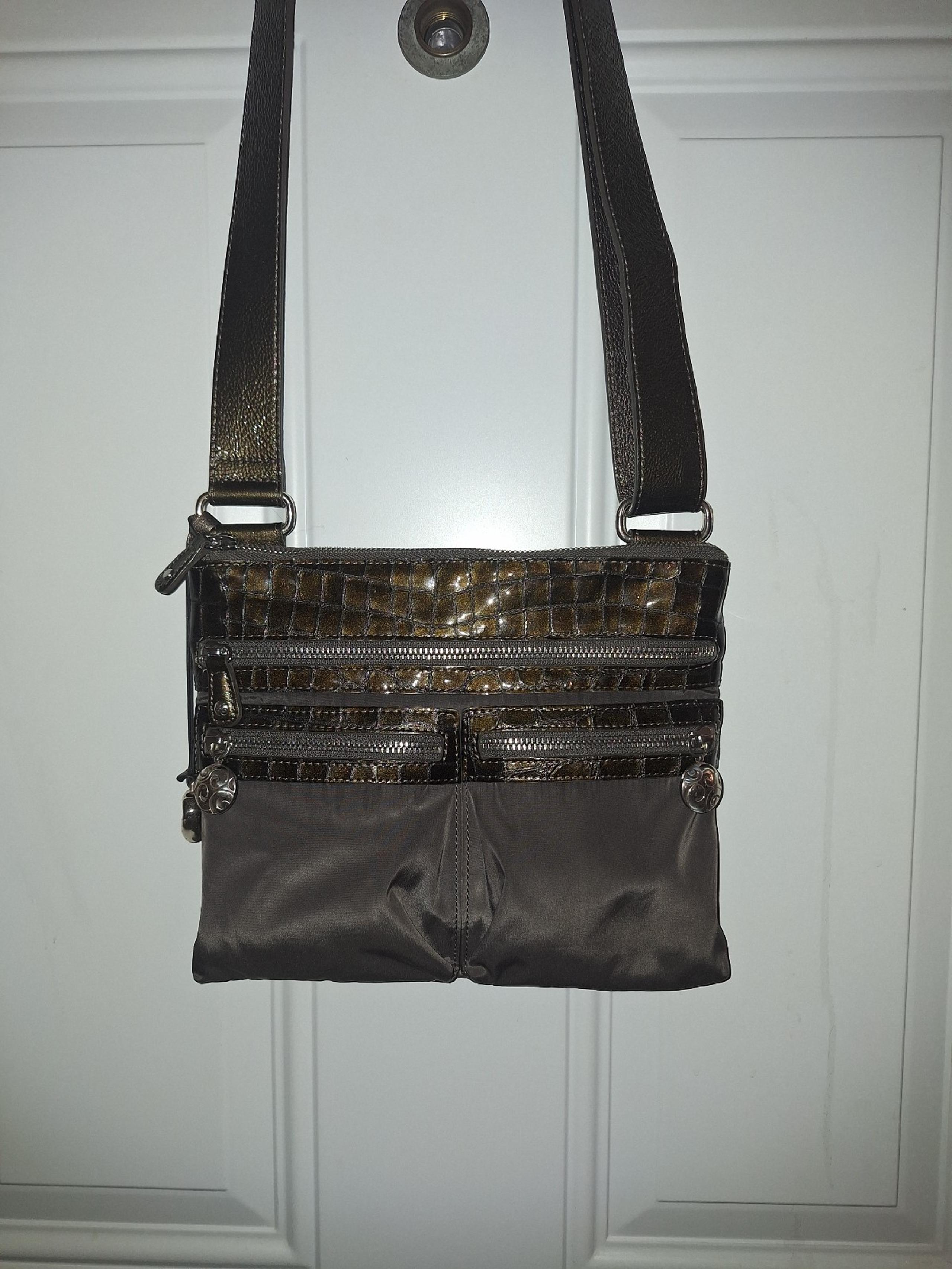 Brighton Pop Go Twister Green Taupe Gray Nylon/Croc Pattern Leather Crossbody