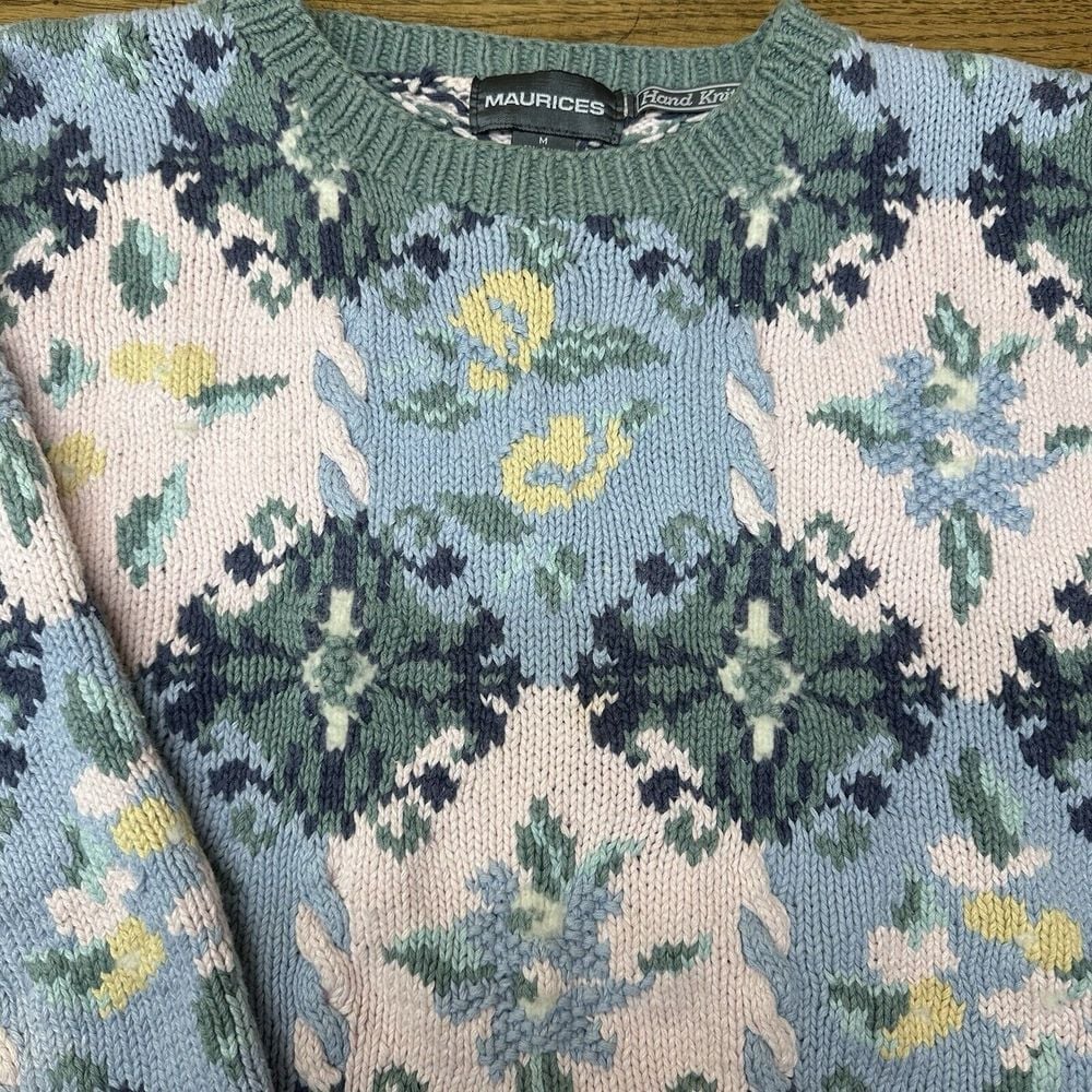 Vintage Chunky Hand Knit Frame Collar Cottage Core Sweater M Lambswool Cotton