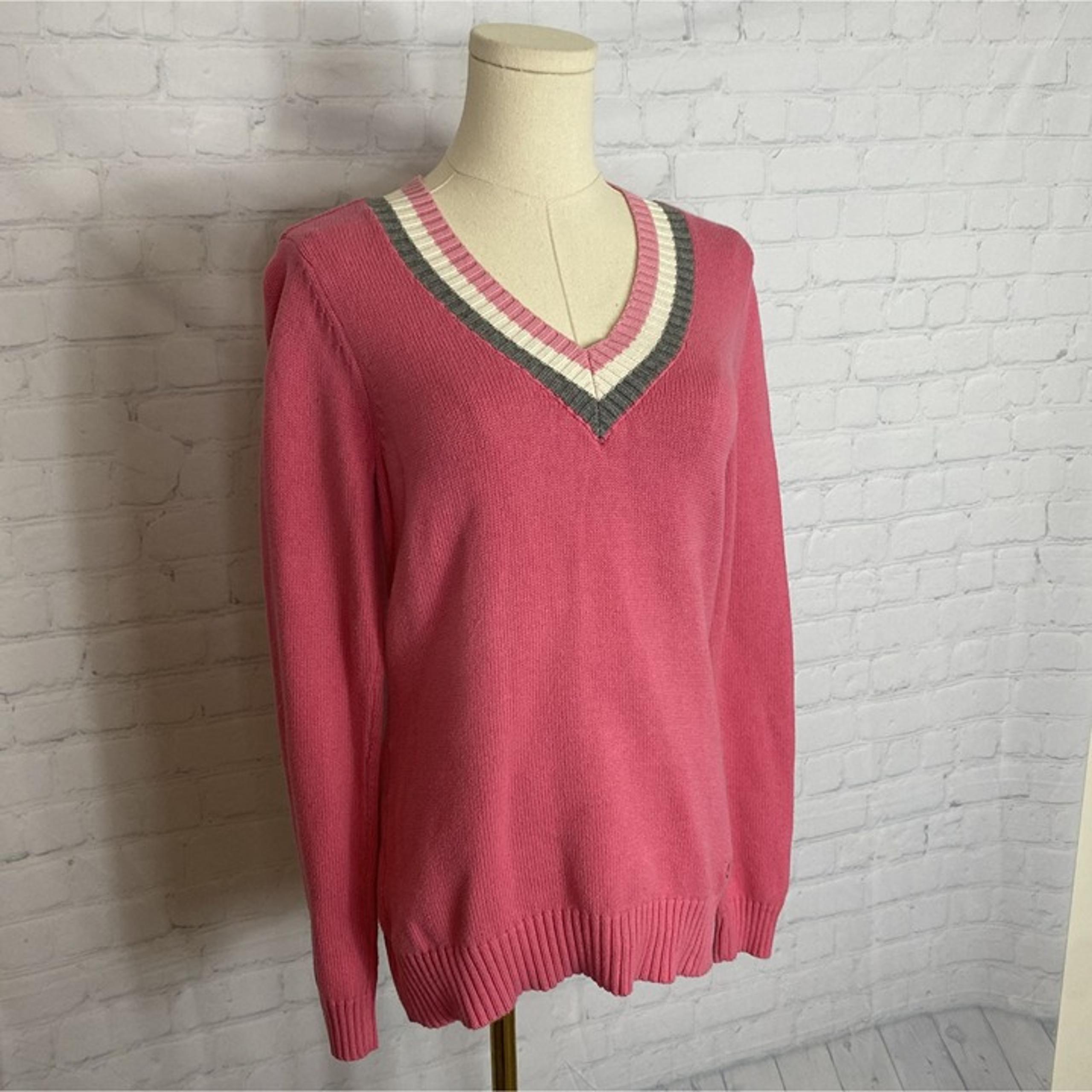 Izod Pink White Grey Stripe V-Neck Knit Sweater S