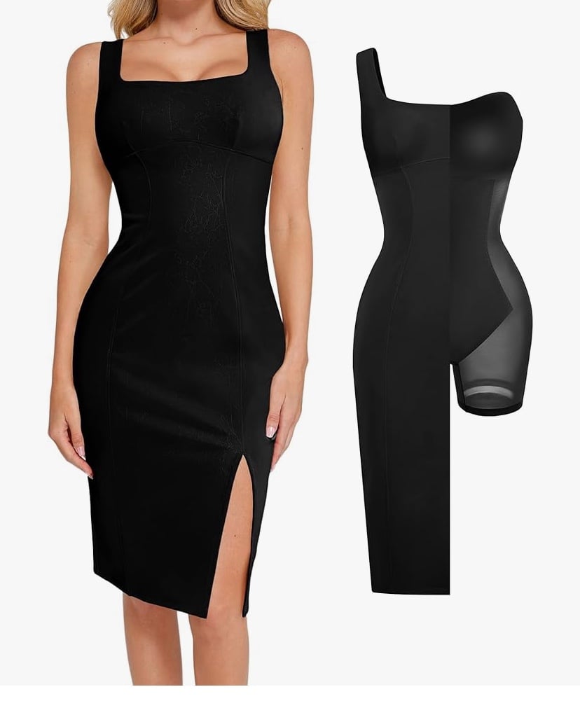 Popilush Leather Dress with Built in Shapewear Square Neck Slit Midi Dresses Fau
