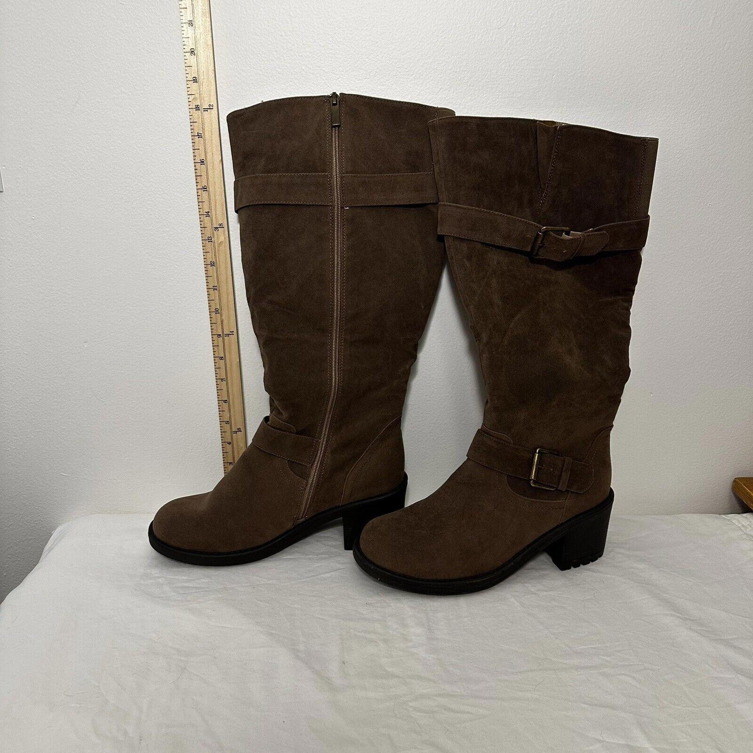 Lane Bryant Womens Faux Suede Knee High Boot Zip Accent Buckles Dark Taupe 10W