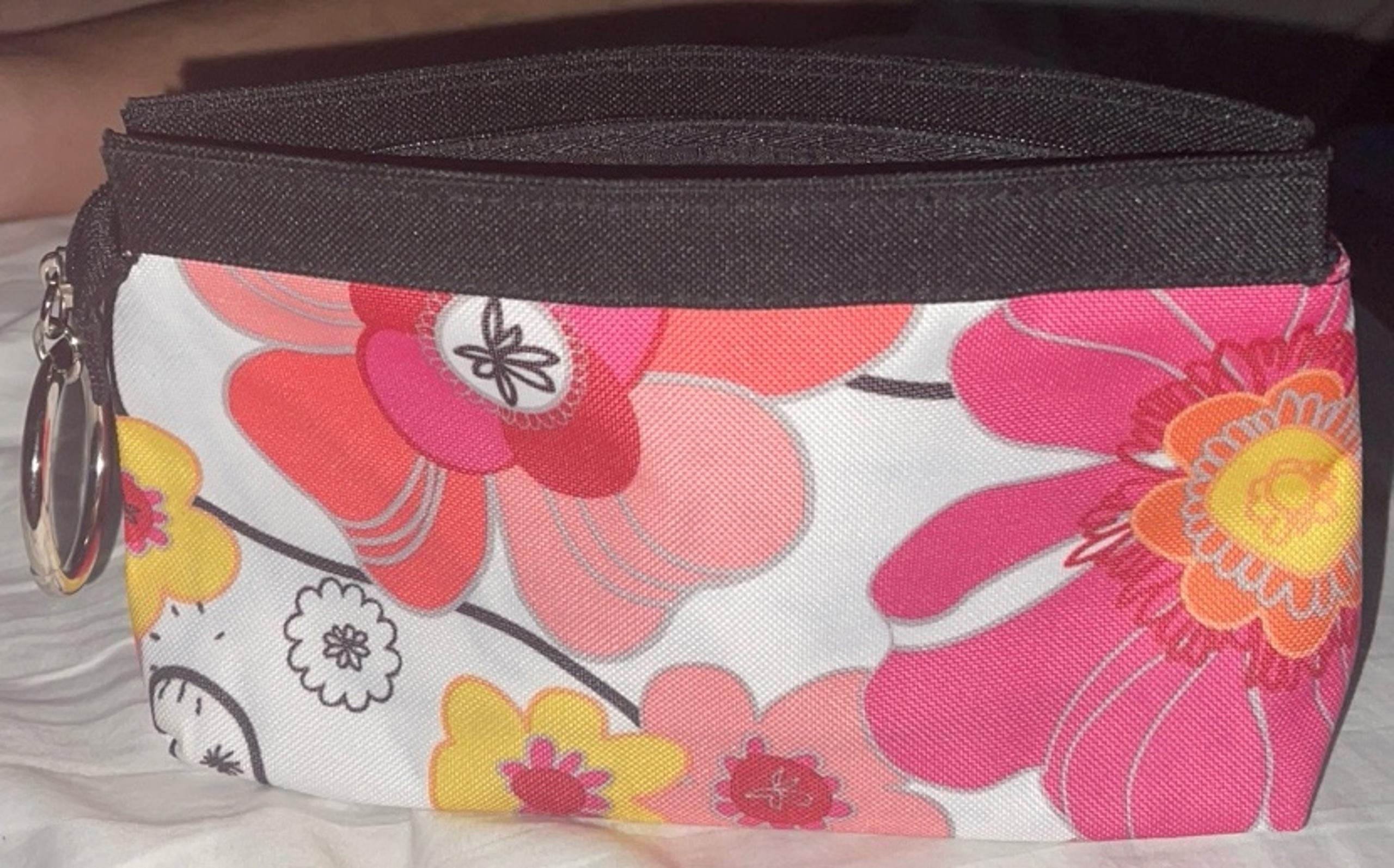 Lancôme Cosmetic Bag White With Floral Pink Orange Yellow & Zipper With Ring
