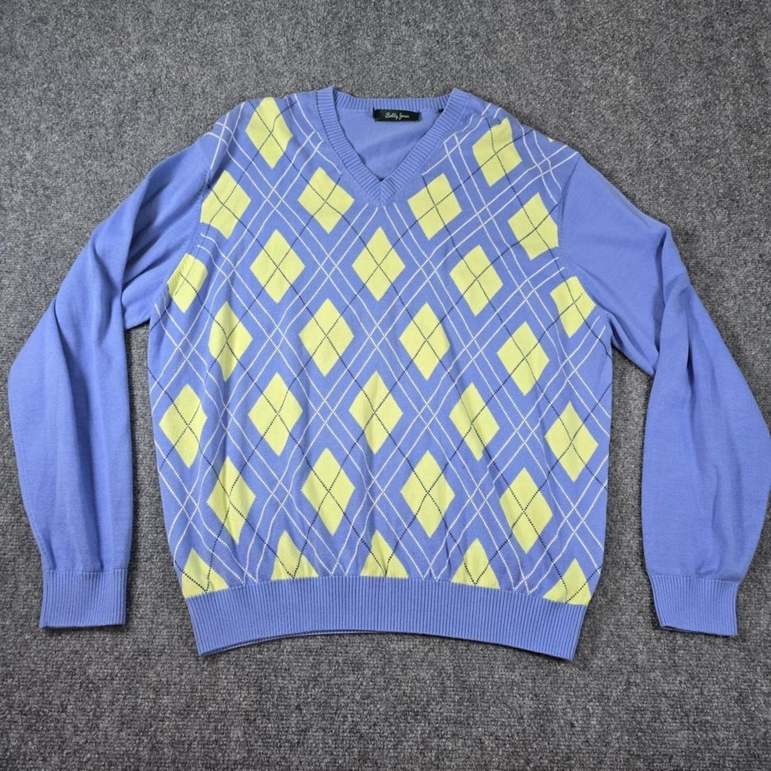 Bobby Jones Argyle Sweater Blue Green Pima Cotton Large L Limb Sleeve