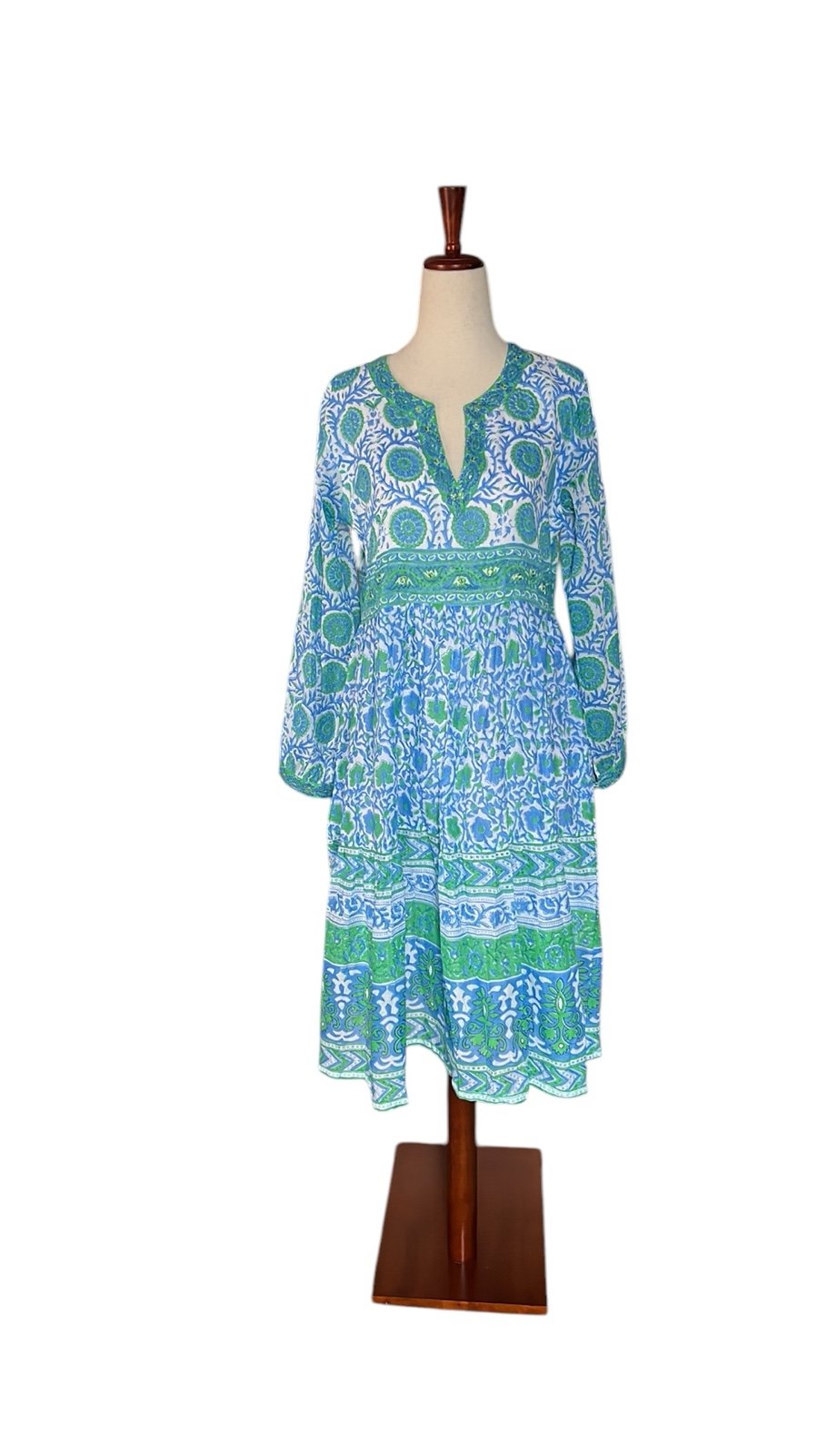 Bella Tu Cotton Blue and Green Paisley Print Dress