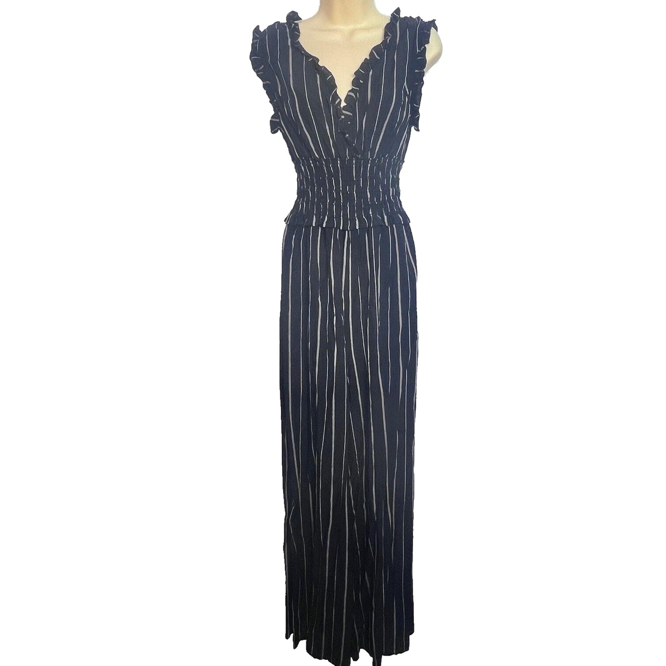 Blue Rain Black and White Jumpsuit Womens Size Med Stripe Ruffled Smocked Boho