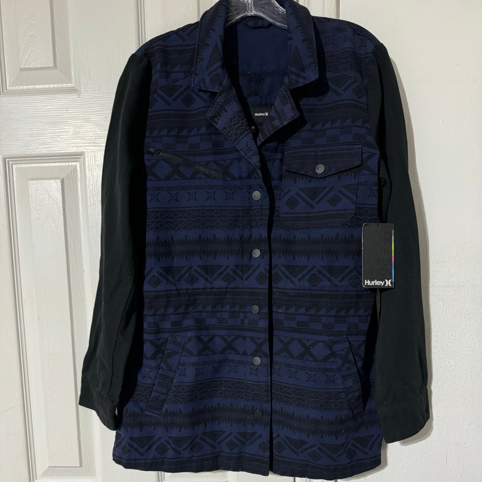 NWT Hurley Blue Black Medium Aztec Print Military Snap Front Shirt Jacket
