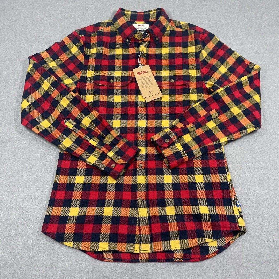 Fjallraven Shirt Mens Medium Red Yellow Flannel Buffalo Ovik Skog Pocket Flaps