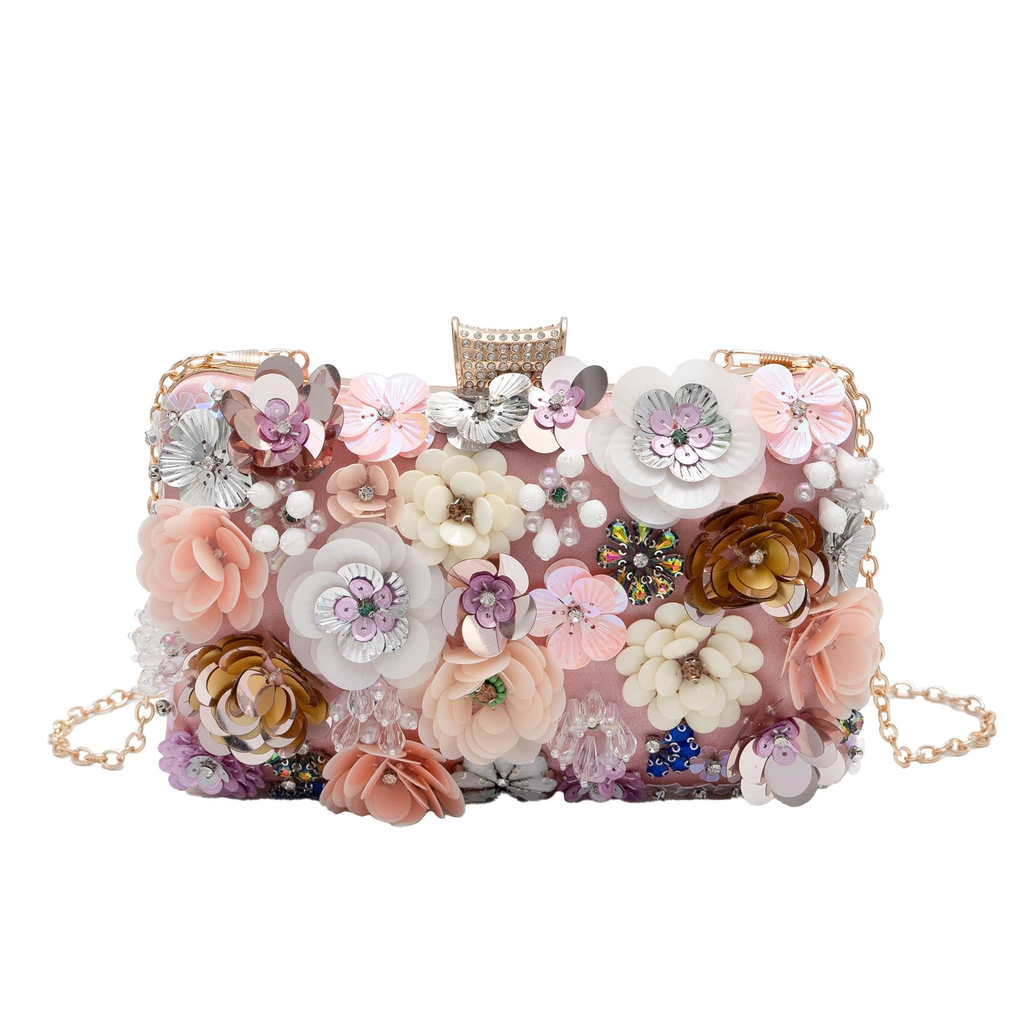 Floral Beaded Evening Bag for Weddings and Parties (Pink)