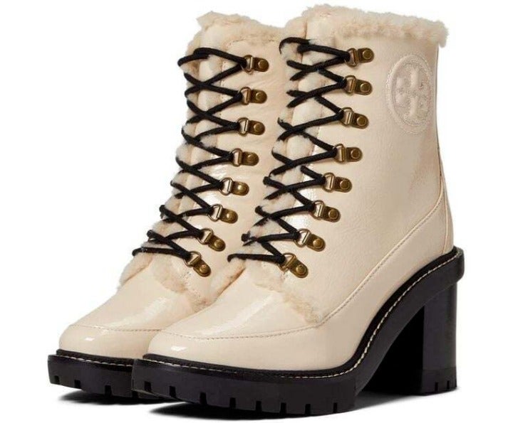 Tory Burch Miller 95mm Shearling Lug Sole Bootie Boots SPAIN Brie Leather Sz 9.5