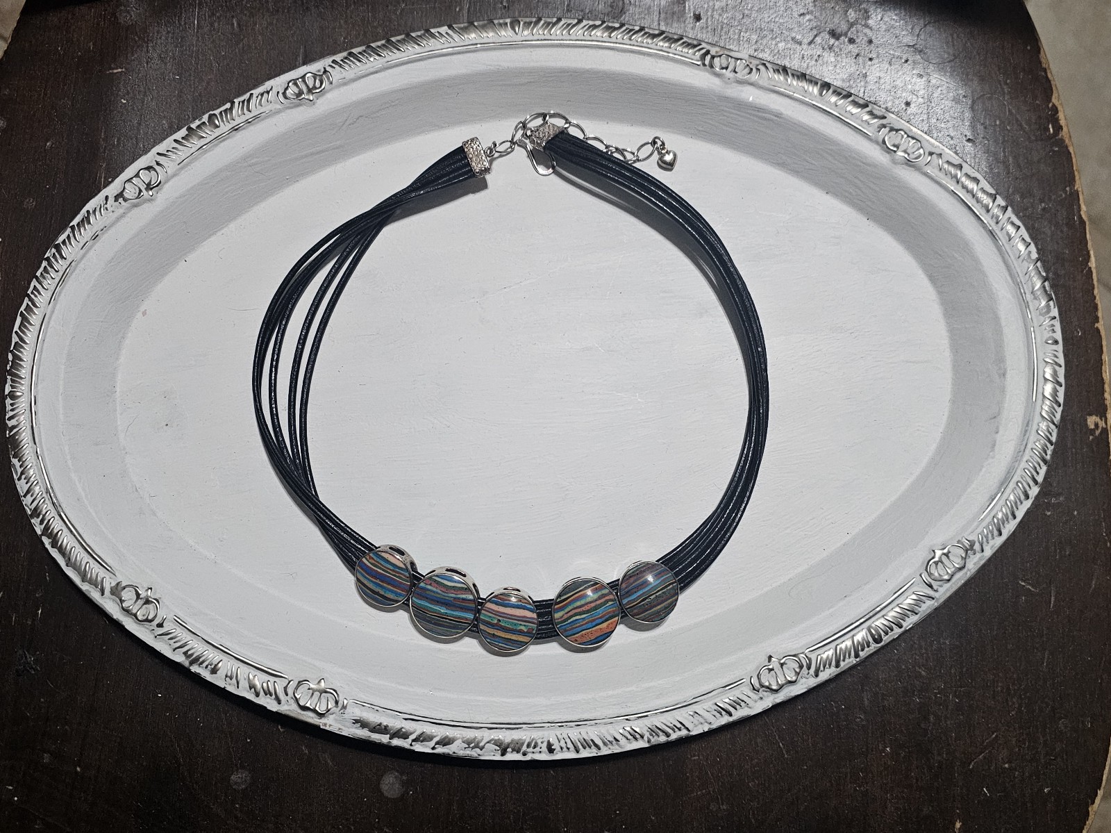 Jay King Reversible Turquoise & Rainbow Calsilica Leather Necklace-Sterling
