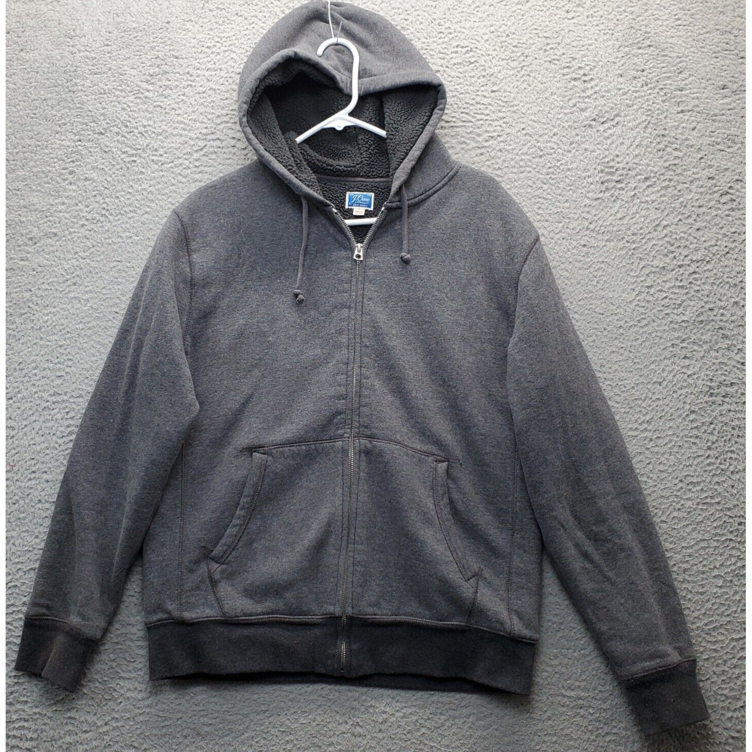 J.CREW Hoodie Mens Medium Gray Sherpa Lined Pouch Pocket Drawstring Full Zipper
