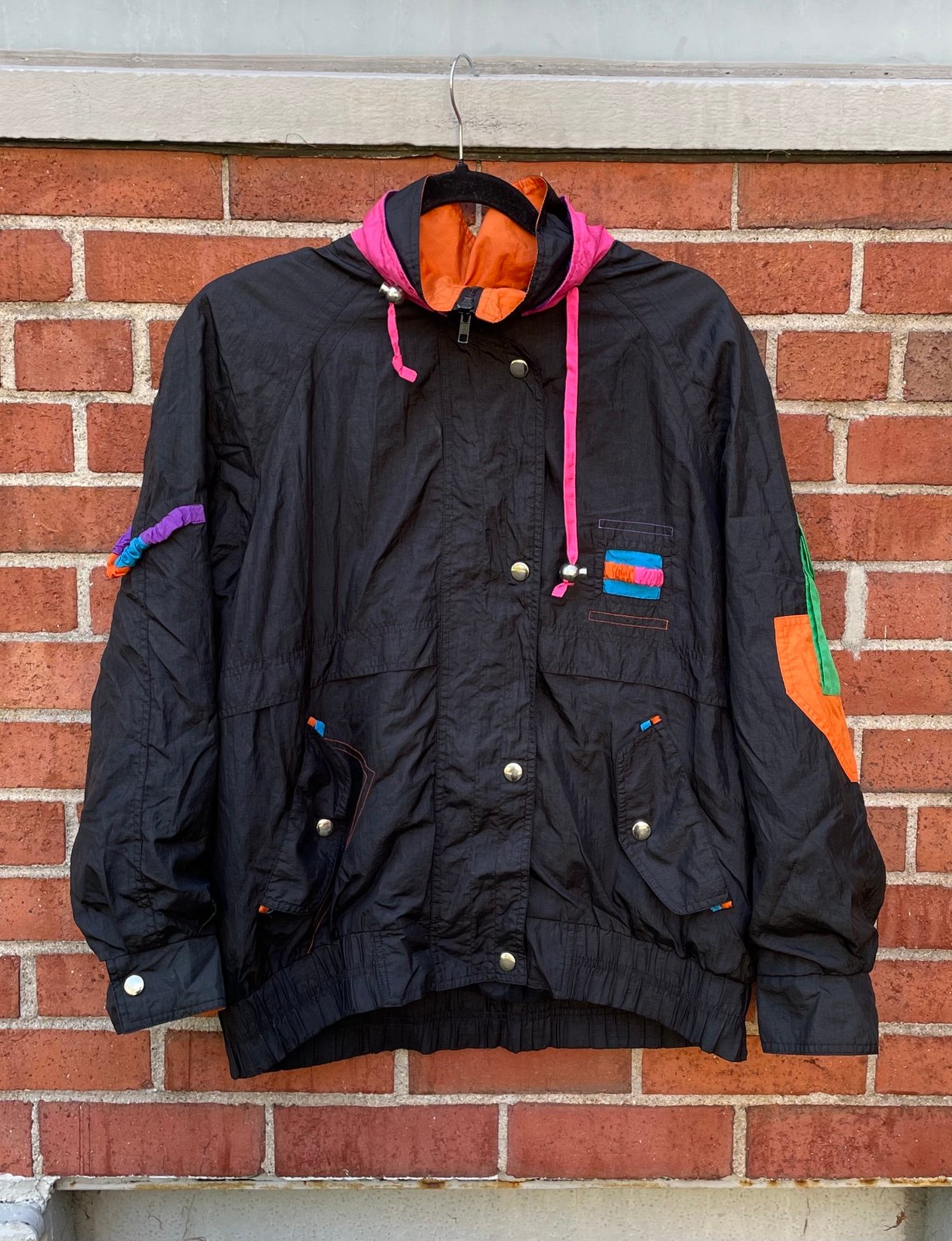Vintage 80s -90s Andy John Black Multicolored Oversized Windbreaker Medium