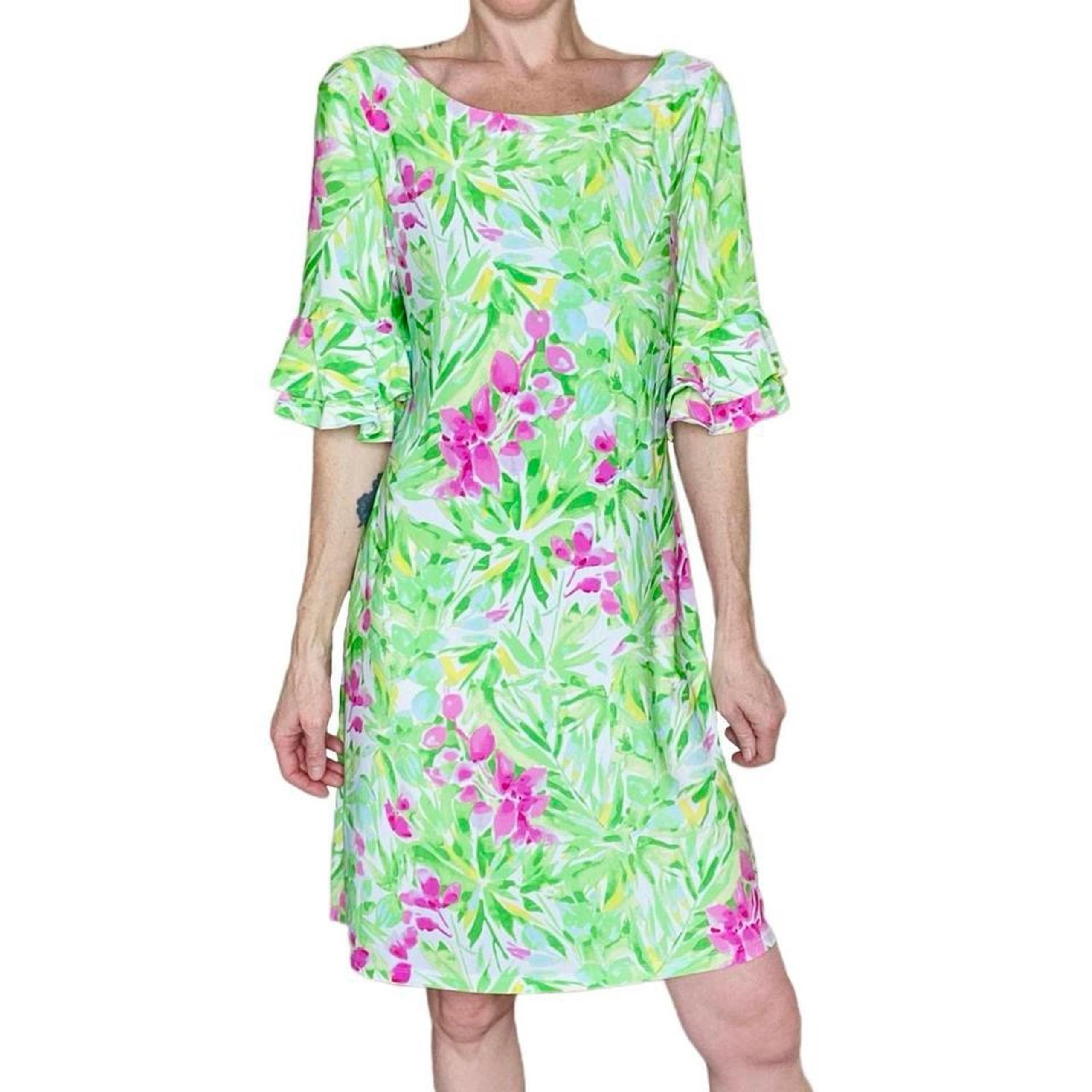 Pappagallo Green & Pink Nature Plant Floral Printed Ruffle Dress