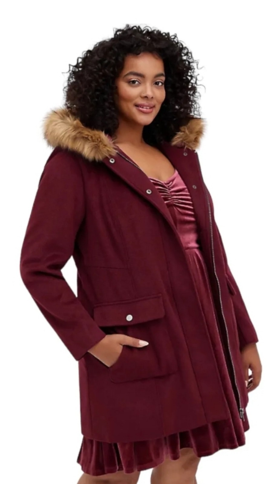 TORRID WOOL ZIP FRONT FUR TRIM COAT