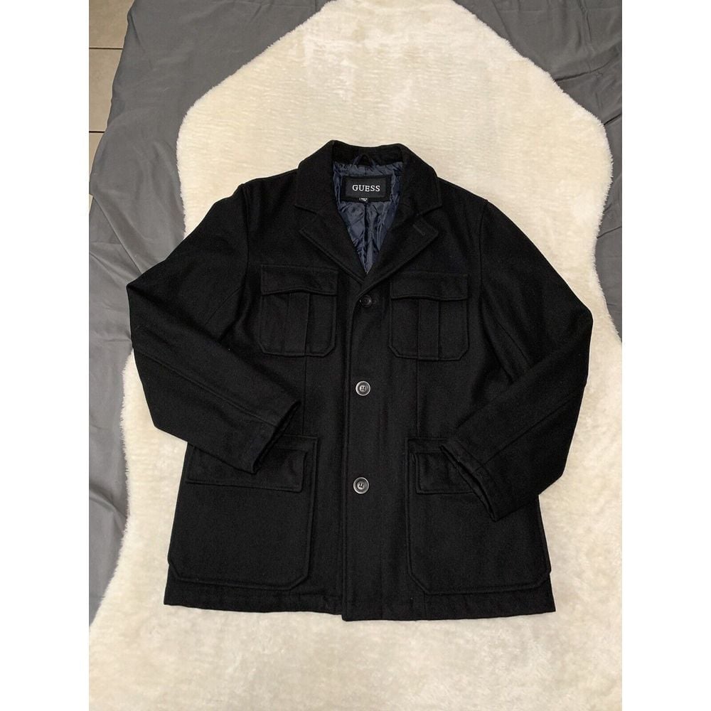 Guess Mens Black Wool Blend Button Peacoat Jacket Size Medium