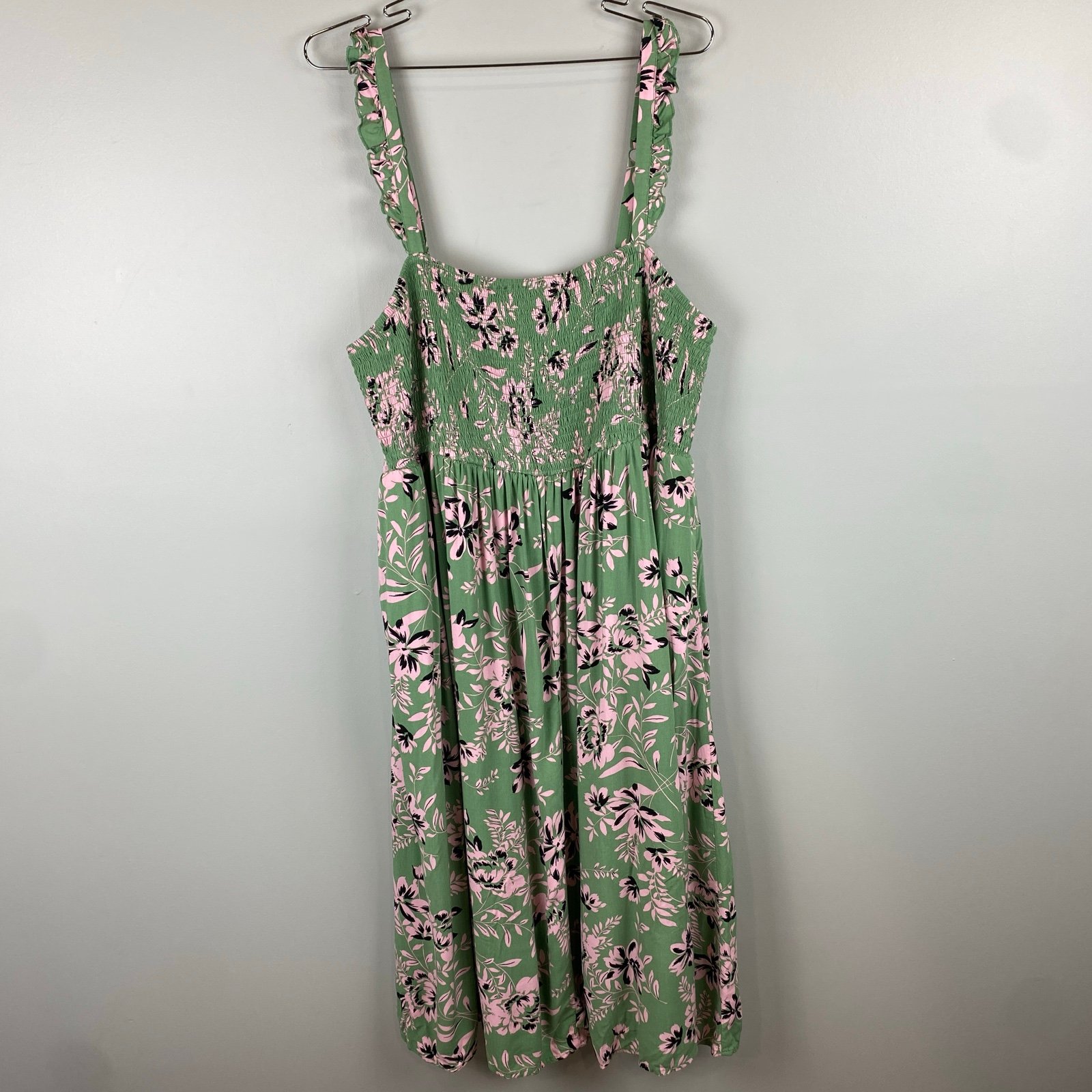 Torrid Green/Pink Midi Challis Smocked Tiered Floral Dress size 3X