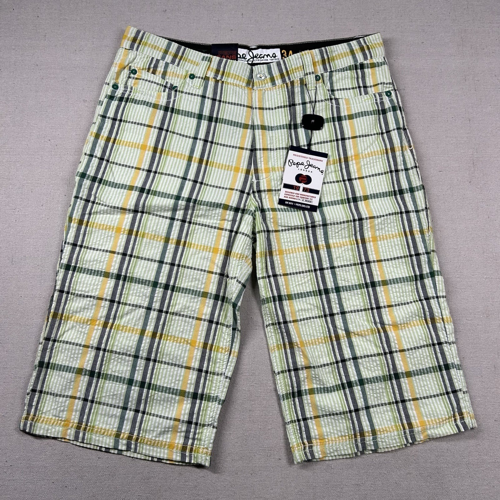 Pepe Jeans London Shorts Mens 34 Seersucker Plaid Hip Hop Street Long Baggy