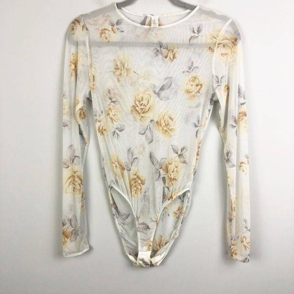 VICTORIA’S SECRET | Sheer Floral Long Sleeve Bodysuit Gray Yellow Women’s Size L