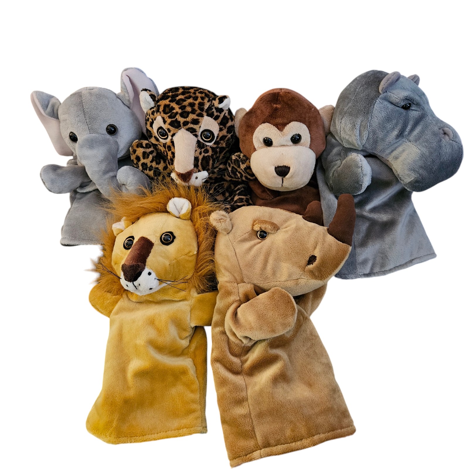 RESTORATION HARDWARE PLUSH HAND PUPPETS LION TIGER HIPPO MONKEY RHINO ELEPHANT