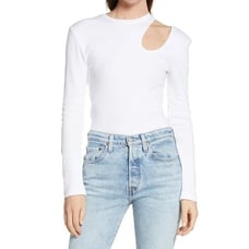 K.NGSLEY White XL Roman Ribbed Asymmetric Cutout Crew Neck Long Sleeve Top NEW