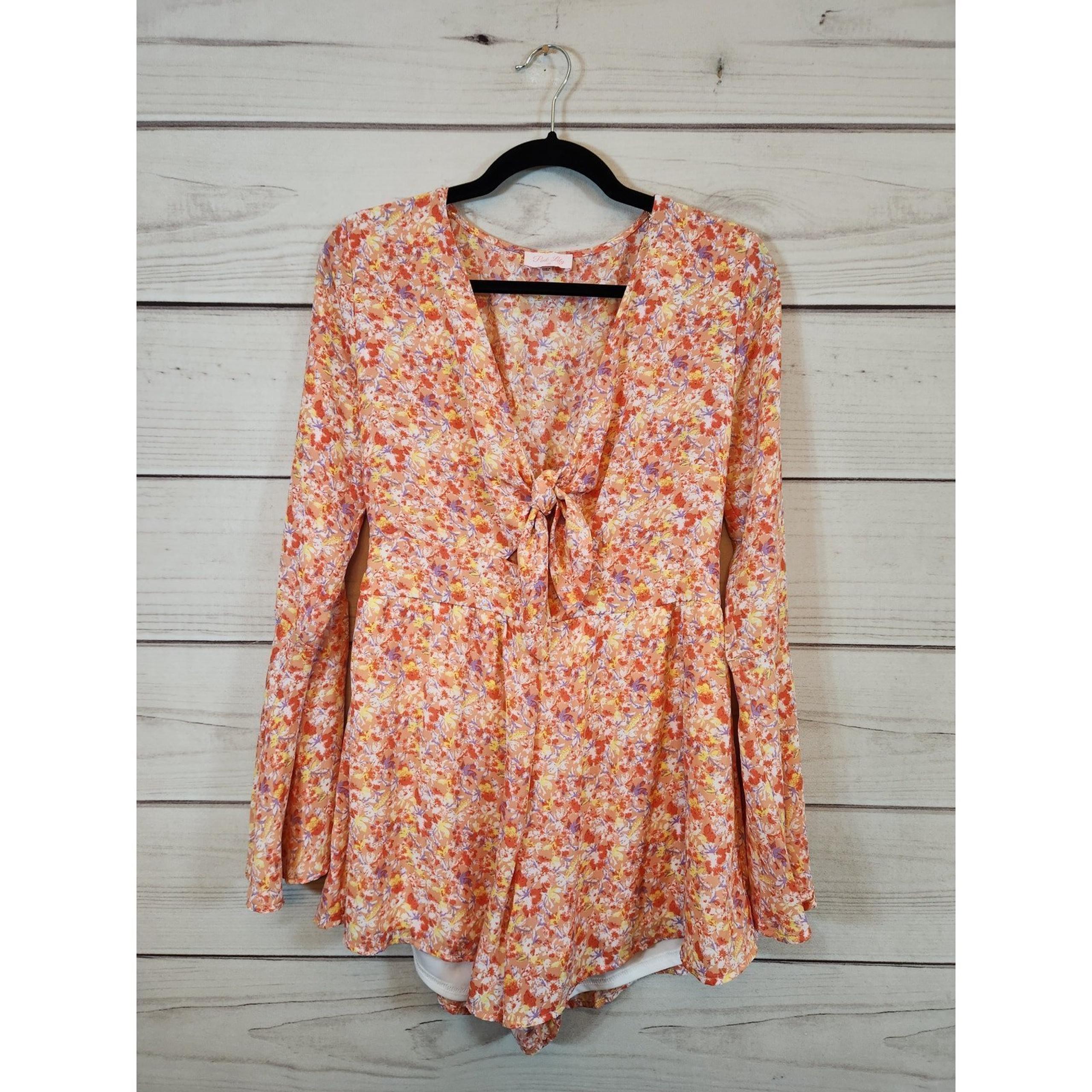 Pink Lily Womens Glamorous Multicolor Floral V Neck Tie Romper Size M