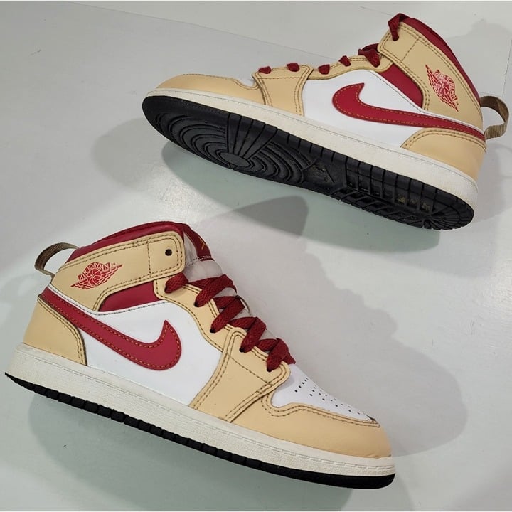 NIKE AIR JORDAN 1 MID LIGHT CURRY CARDINAL RED KIDS SHOE SIZE 2Y