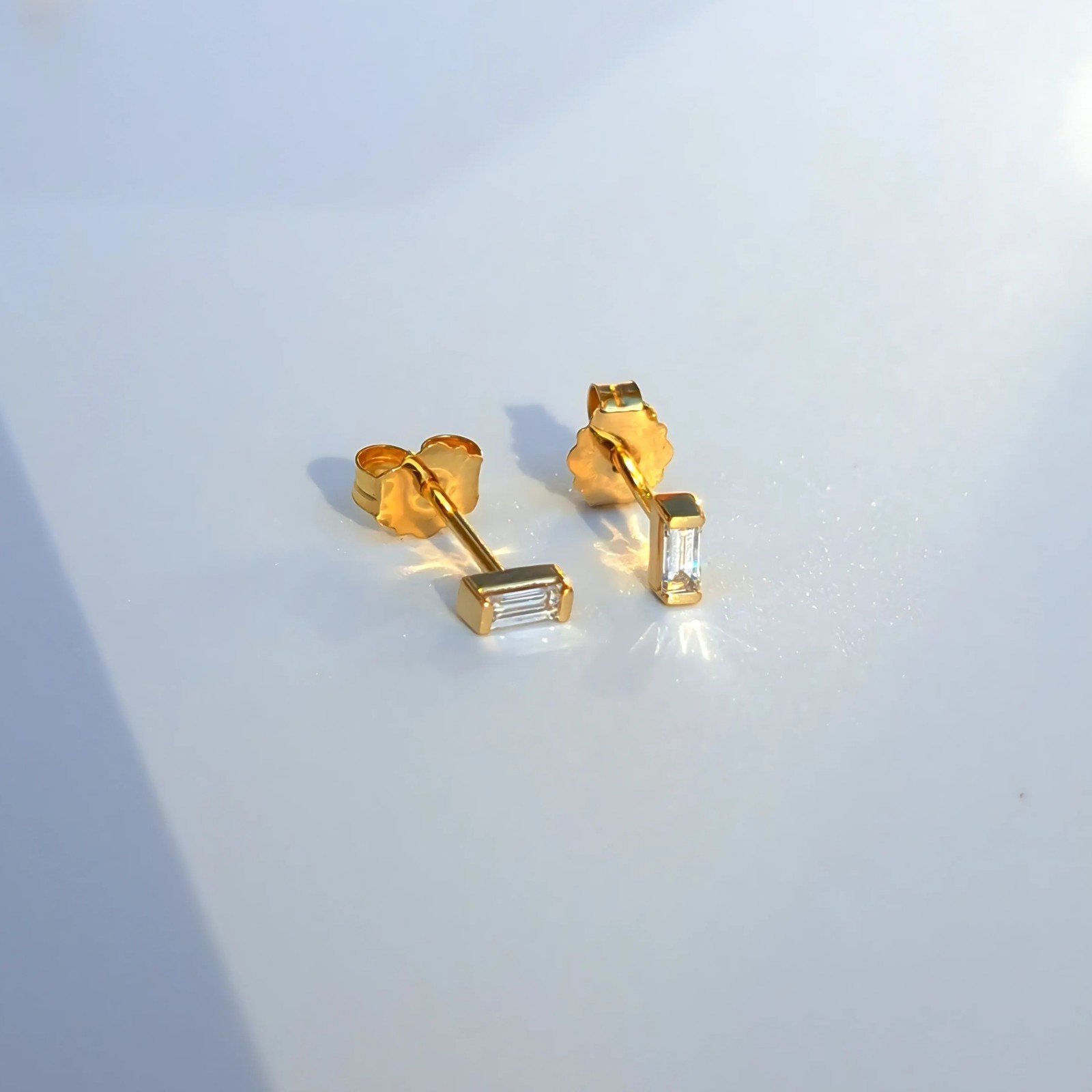 Baguette Lab Diamond Micro Stud Earrings Channel set in 14k solid gold