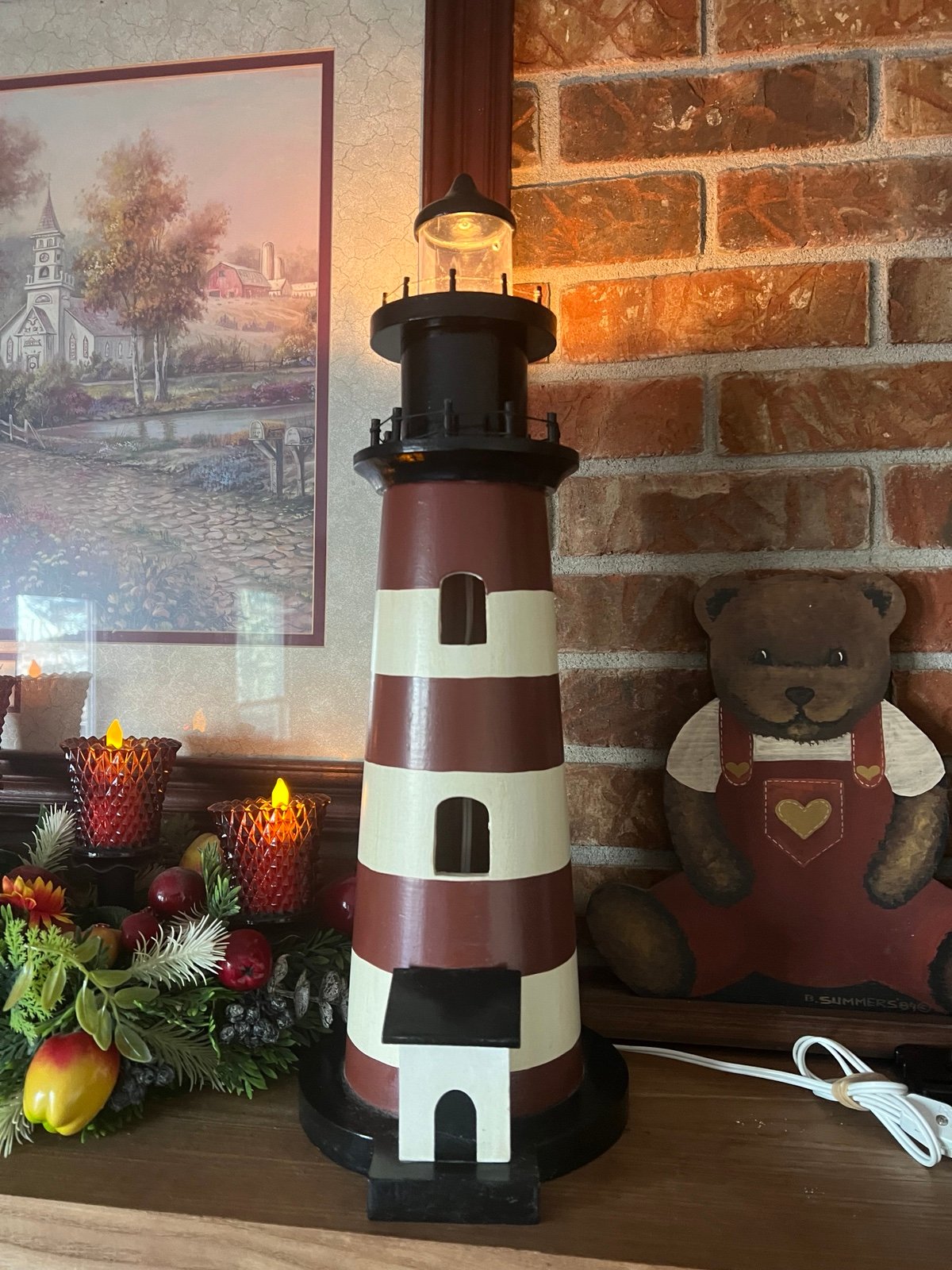 Rare Vintage 20 DELUXE LIGHTHOUSE -Red and Beige w/Light Heavy Duty Solid Wood