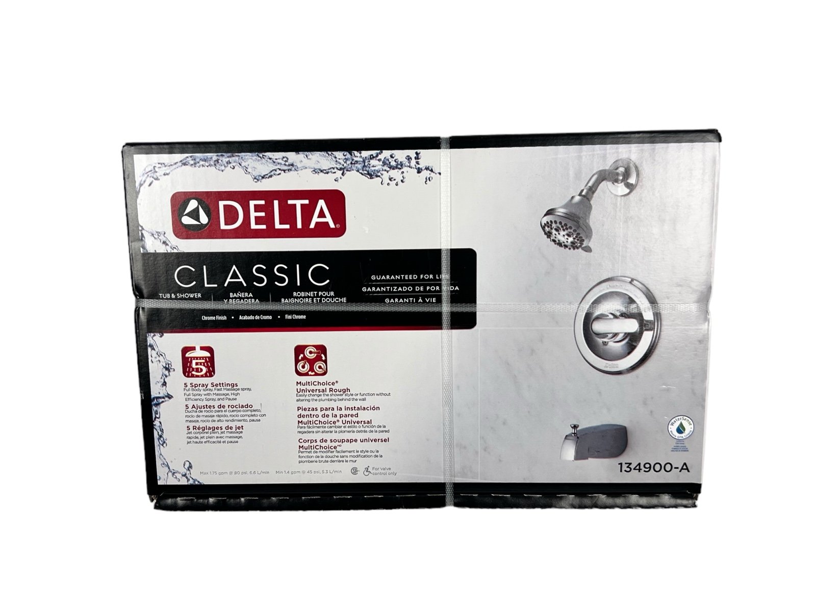 Delta 134900- 5 Spray Tub & Shower Faucet W/Valve- Chrome New Sealed