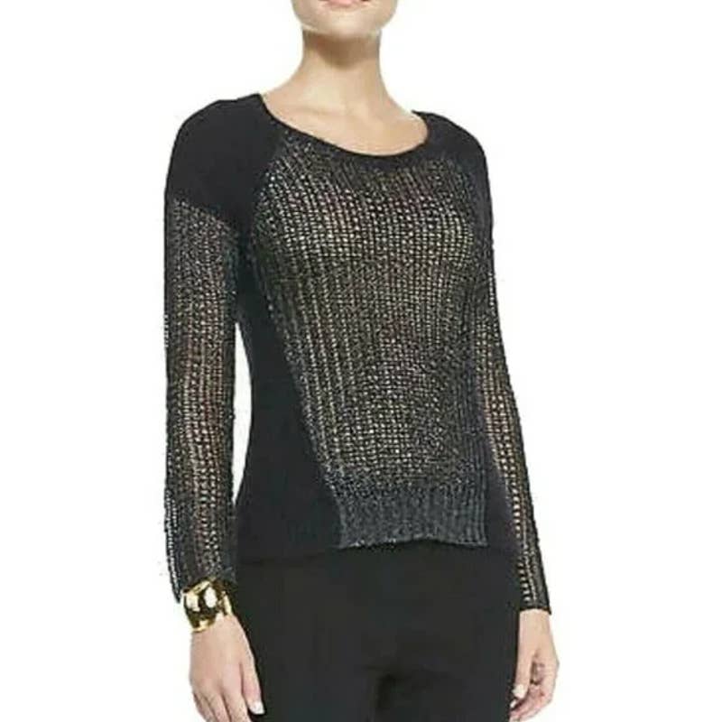Eileen Fisher The Fisher Project Metallic Sweater Open Knit Scoop Neck, Black