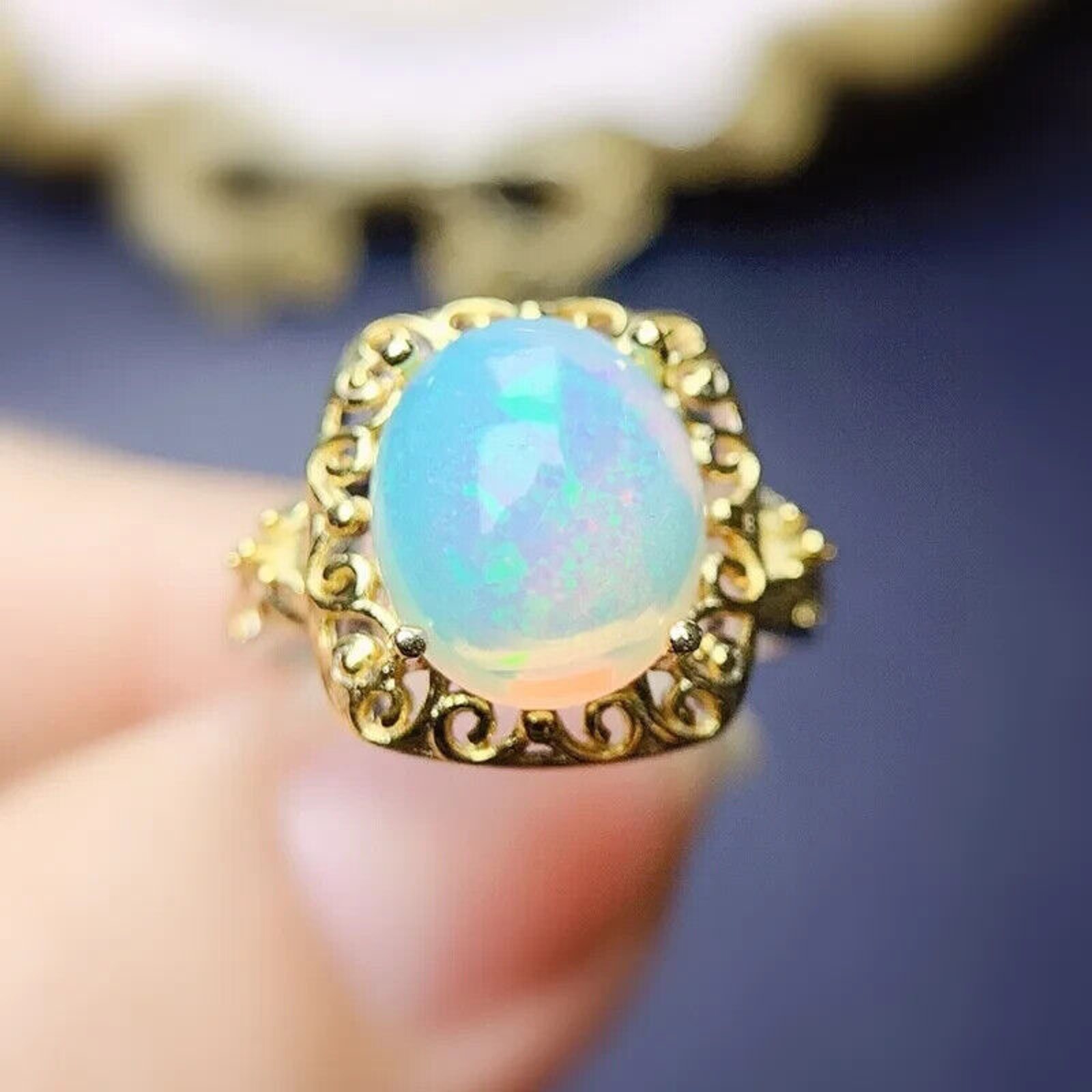 Fire Opal Statement Ring 10x12mm 3CT, Genuine Fire Opal Ring 18k Gold Plated
