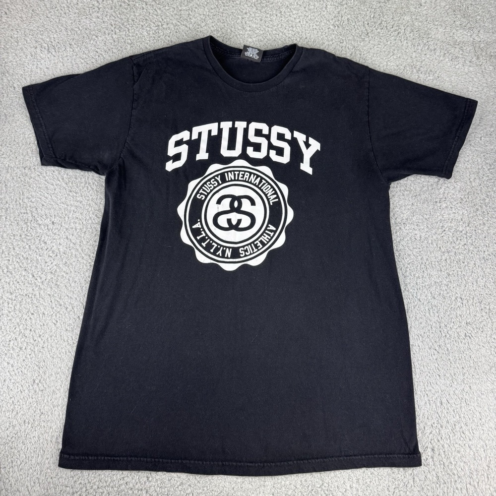 Stussy International Athletics Black Tee Shirt Men's Size Large N.Y.N.T.L.A.