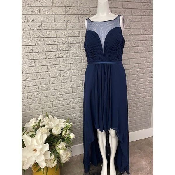 FORYOUDRESS Navy Blue Sleeveless Pleated Mesh Hi / Low Dress Size 10